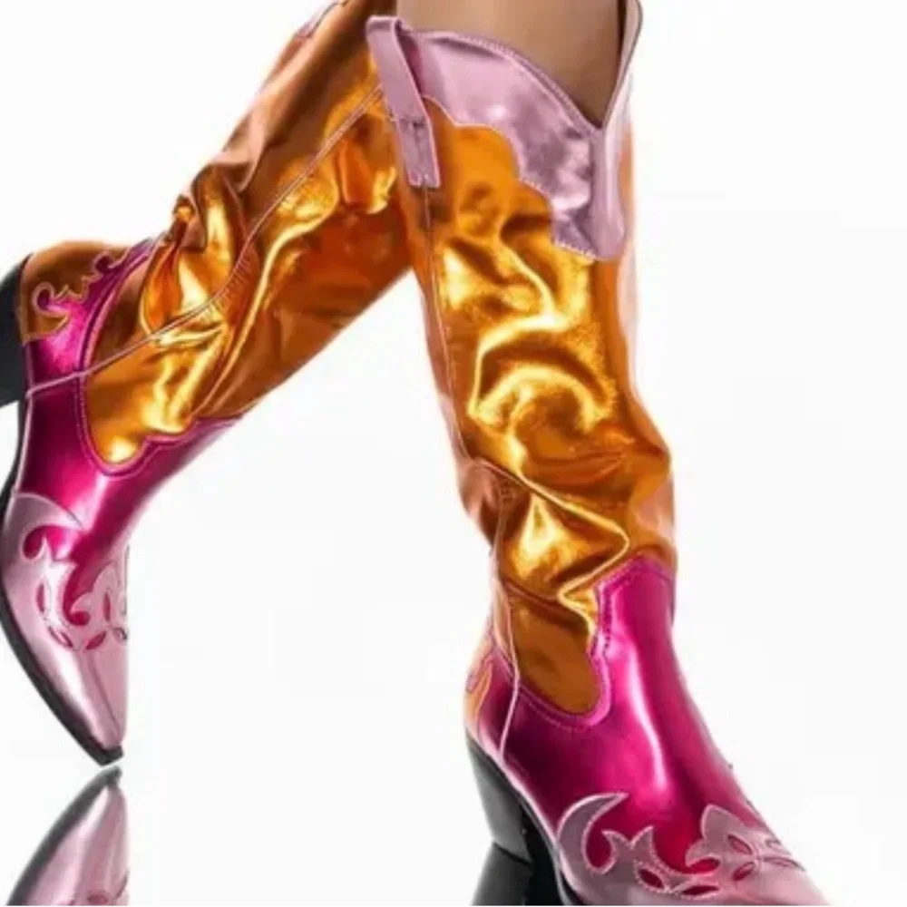 AKIRA Metallic Pink and Gold Over-the-Knee Western Boots